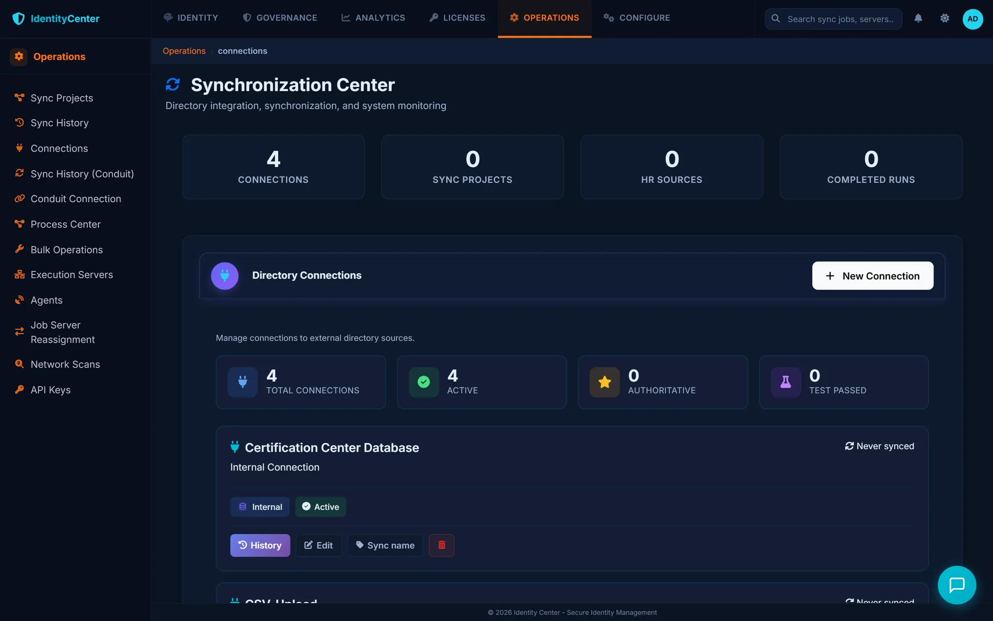 Synchronization Center listing active directory connections for AD, Entra, and CSV sources